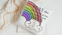 personalized dog rainbow bridge throw pillow for couch, remembrance pillow for sofa, grieving dog loss sympathy gift for women, loss of dog