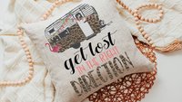 get lost in the right direction inspirational throw pillows for couch, summer road trip RV decorations for inside, glamping bachelorette