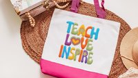 teach love inspire hippie tote bag for school, cute teacher appreciation gift from class, first year teacher gifts for women, whimsical tote