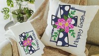 floral Easter cross Easter throw pillow covers 18x18, Christian Easter decor gift, navy blue polka dot Happy Easter decorative pillows for