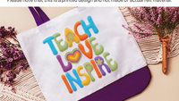 teach love inspire hippie tote bag for school, cute teacher appreciation gift from class, first year teacher gifts for women, whimsical tote
