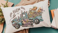 farm fresh pumpkin truck lumbar throw pillow for chair, fall style gift, turquoise fall decor for home pillow, fall host gift, watercolor