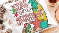 seasons greetings Christmas turtle decorative pillow covers tropical Christmas throw pillows for kids playroom, beach Christmas best sellers