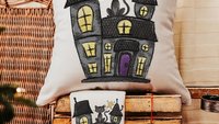haunted house spooky cute Halloween kitchen towels, whimsigoth decor, whimsical Halloween gift set for women, black cat Halloween decor for