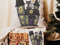 Halloween haunted house pillow, towel, and ornament gift set