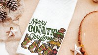 merry country Christmas throw pillows for sofa, cowboy Christmas tree Christmas kitchen towels, western Christmas decor for home, hostess