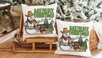 wild west cowboy snowman cute Christmas throw pillows for sofa, country western Christmas decor, cactus Christmas kitchen towel, funny