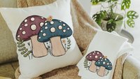 teal mushroom throw pillows for couch, dusty mauve toadstool decor, mushroom gifts for women, cottagecore decor, accent pillows for bedroom