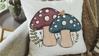 teal mushroom throw pillows for couch, dusty mauve toadstool decor, mushroom gifts for women, cottagecore decor, accent pillows for bedroom