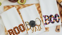 boo yall Halloween kitchen towels, October birthday gifts for her, orange buffalo plaid kitchen hand towels, fall decorations for home, best