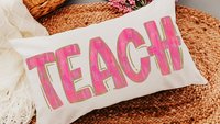 pink teach lumbar pillow for chair, cute teacher appreciation gifts for preschool teachers, kindergarten teacher office, best gifts for