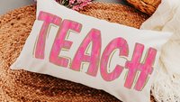 pink teach lumbar pillow for chair, cute teacher appreciation gifts for preschool teachers, kindergarten teacher office, best gifts for
