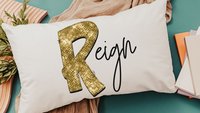 personalized gold sparkle name pillow for dorm, teen girl gifts, lumbar bed pillow for reading, cute pillows for girls, unique gifts for