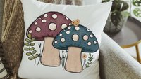 teal mushroom throw pillows for couch, dusty mauve toadstool decor, mushroom gifts for women, cottagecore decor, accent pillows for bedroom