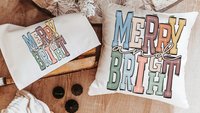merry and bright cute Christmas throw pillow for sofa, trendy Christmas decor for home, boho Christmas kitchen towel, Christmas gift set new