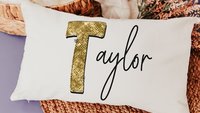 personalized gold sparkle name pillow for dorm, teen girl gifts, lumbar bed pillow for reading, cute pillows for girls, unique gifts for
