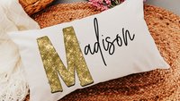 personalized gold sparkle name pillow for dorm, teen girl gifts, lumbar bed pillow for reading, cute pillows for girls, unique gifts for