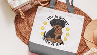 Life is better with a dog, rottweiler tote bag