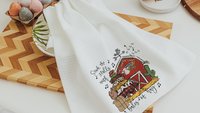 deck the halls farm Christmas kitchen towels for winter, cute Christmas hostess gifts for women, funny stocking stuffers for adult, red barn