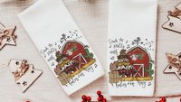 deck the halls farm Christmas kitchen towels for winter, cute Christmas hostess gifts for women, funny stocking stuffers for adult, red barn