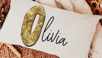personalized gold sparkle name pillow for dorm, teen girl gifts, lumbar bed pillow for reading, cute pillows for girls, unique gifts for