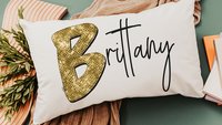 personalized gold sparkle name pillow for dorm, teen girl gifts, lumbar bed pillow for reading, cute pillows for girls, unique gifts for