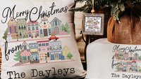 custom city state Christmas housewarming gift set for couple, personalized Christmas village ornament wood, small town Christmas throw
