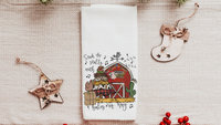 deck the halls farm Christmas kitchen towels for winter, cute Christmas hostess gifts for women, funny stocking stuffers for adult, red barn
