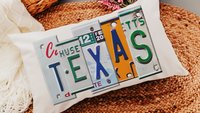 custom license plate state throw pillows for couch, realtor closing gift for buyers, Texas gifts, bungalow decor, moving away gift for