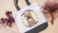 life is better with a dog French bulldog tote bag for books, Frenchie mom French bulldog gift for women, reusable grocery bag cute dog gifts