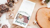 custom state Christmas throw pillows for sofa, Santa Claus Christmas kitchen towels, Wichita Kansas home decor Christmas gifts for neighbors