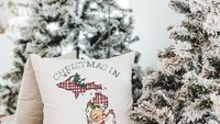 custom state Christmas kitchen towels for friends, Santa Claus Christmas throw pillows for sofa, Michigan Christmas gifts for neighbors
