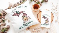 custom state Christmas kitchen towels for friends, Santa Claus Christmas throw pillows for sofa, Michigan Christmas gifts for neighbors