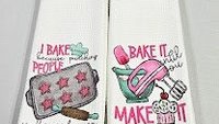 I bake because punching people is frowned upon towels, baking bridal shower kitchen gifts, funny baking kitchen towels, baker gift for women