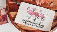 cute flamingo makeup bag for teens, funny flamingo gifts for women, best gifts for daughter, cosmetic bag for purse, pre teenage girl gifts