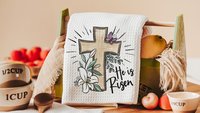 he is risen religious Easter kitchen towels Christian throw pillow for living room, Easter hostess gift for sister, Easter lily Matthew 28:6