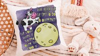 funny cow throw pillow for kids, nursery rhyme nursery decor, reading nook pillow, cute cow gifts for cow lovers, cow jumped over the moon