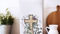 he is risen Easter cross Easter kitchen towels for Mom, Matthew 28:6 Christian Easter decor gift, religious hand towels for church, faith