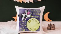 funny cow throw pillow for kids, nursery rhyme nursery decor, reading nook pillow, cute cow gifts for cow lovers, cow jumped over the moon