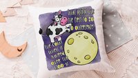 funny cow throw pillow for kids, nursery rhyme nursery decor, reading nook pillow, cute cow gifts for cow lovers, cow jumped over the moon