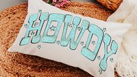 howdy throw pillow for couch, country western nursery decor, turquoise bandana print lumbar pillow, cowgirl baby shower gifts, rocking chair