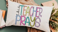 this teacher prays lumbar pillow for chair, Sunday school teacher gifts for women, Christian school teacher classroom decor, prayer pillow