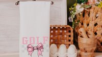 pink bow golf towels for women, golf mom era coquette hand towels for sports, lady golfer towel, golfing gifts for girls, cute golf gifts