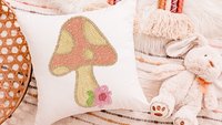 whimsical mushroom throw pillow for rocking chairs, cute mushroom decor for nursery, reading nook pillow, woodland baby shower gift girl