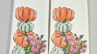 sage green pumpkin kitchen towels for friends, autumn kitchen decor for fall floral hand towels for bathroom, Thanksgiving hostess gifts for