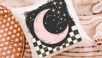 blush pink crescent moon throw pillow for kids room, outer space nursery decor, spacecore reading nook pillow for girls, college dorm decor