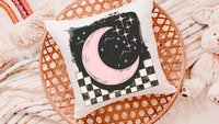 blush pink crescent moon throw pillow for kids room, outer space nursery decor, spacecore reading nook pillow for girls, college dorm decor