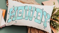 howdy throw pillow for couch, country western nursery decor, turquoise bandana print lumbar pillow, cowgirl baby shower gifts, rocking chair