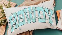howdy throw pillow for couch, country western nursery decor, turquoise bandana print lumbar pillow, cowgirl baby shower gifts, rocking chair