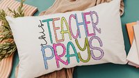 this teacher prays lumbar pillow for chair, Sunday school teacher gifts for women, Christian school teacher classroom decor, prayer pillow